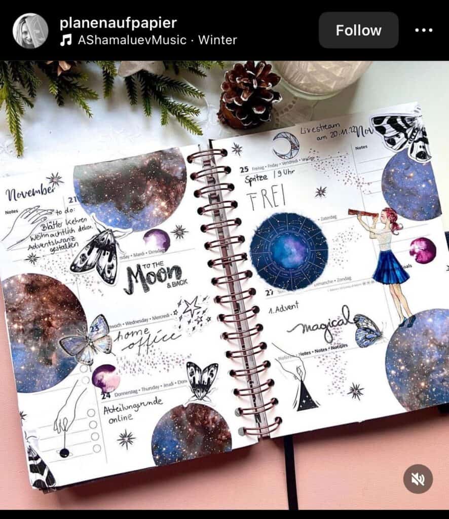 bullet journal weekly spread with the moon and stars