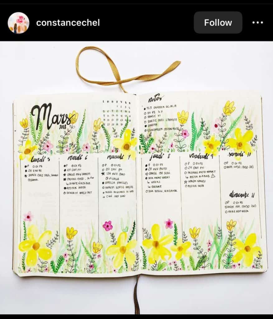 bullet journal weekly spread with yellow flowers