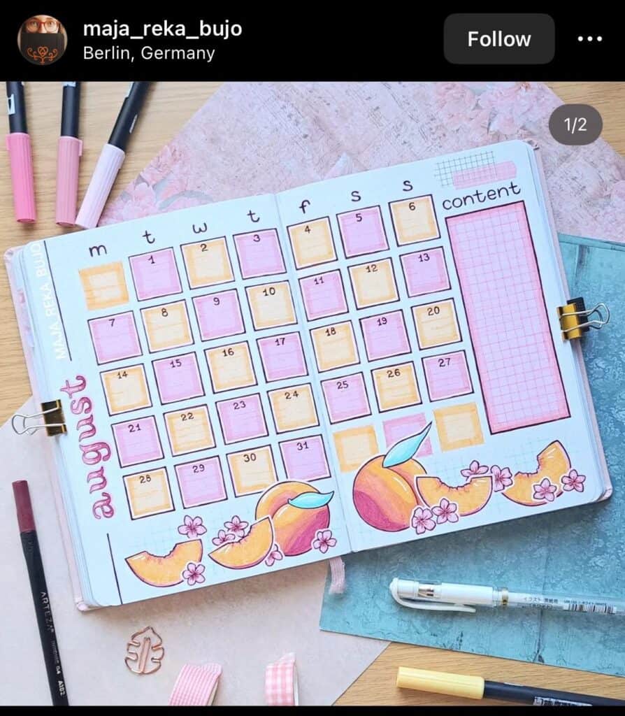 august bullet journal monthly spread
