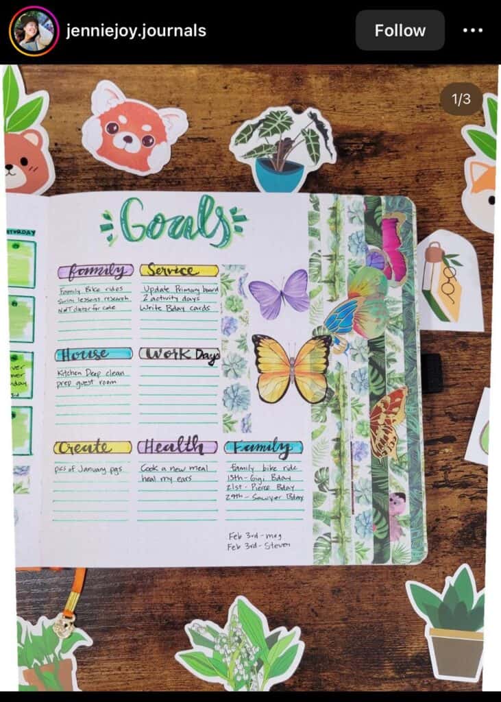 bullet journal goal tracker with butterflies