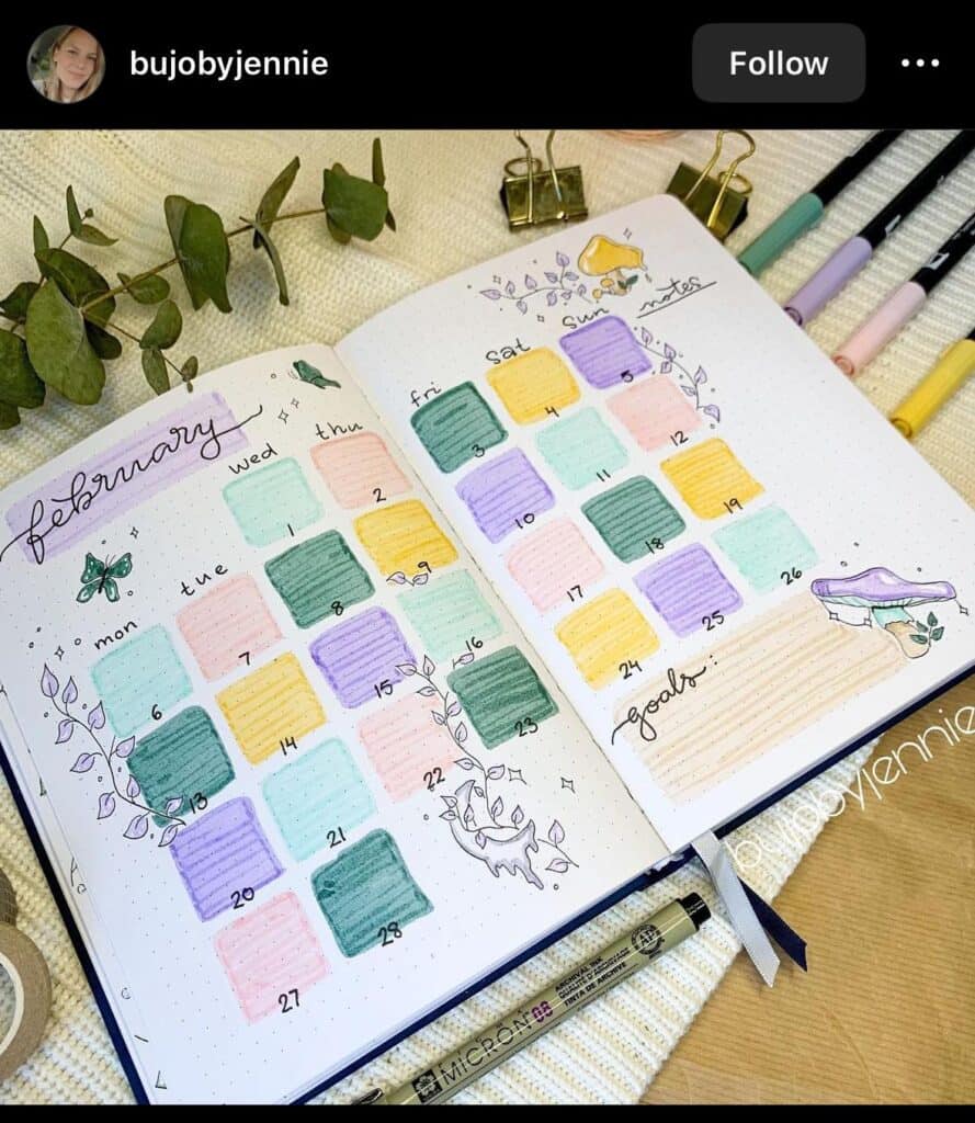february bullet journal monthly spread