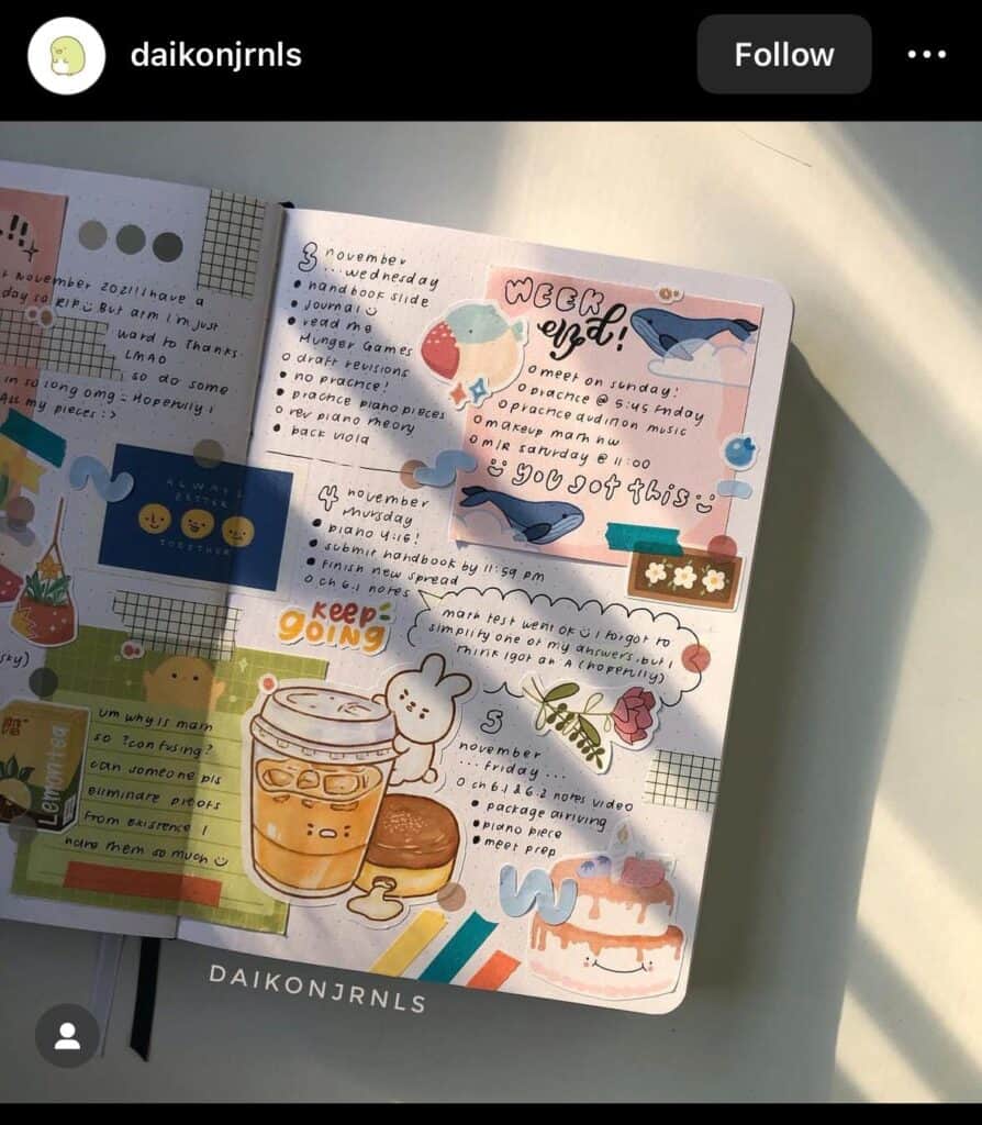 inspiring bullet journal spread ideas with random stickers and washi tapes