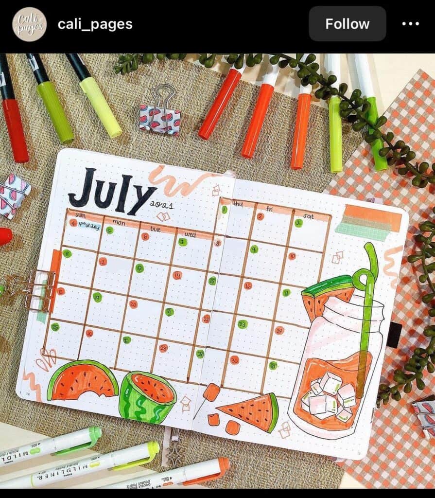 july bullet journal monthly spread