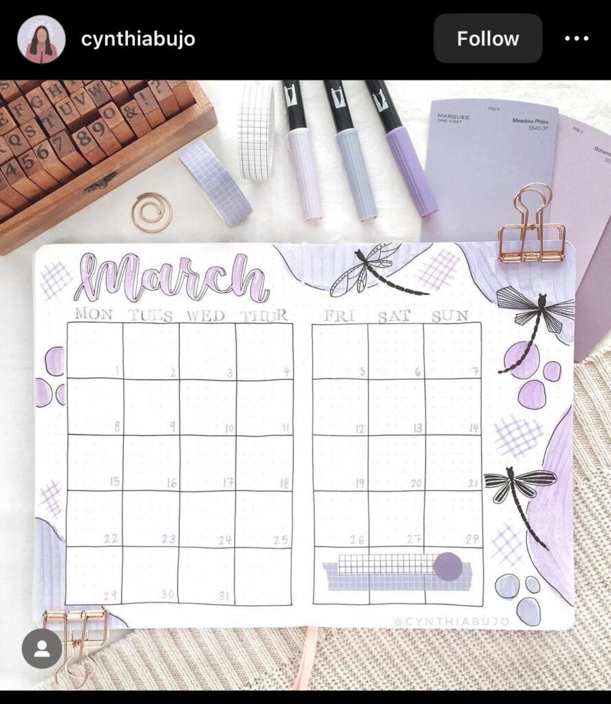 march bullet journal monthly spread