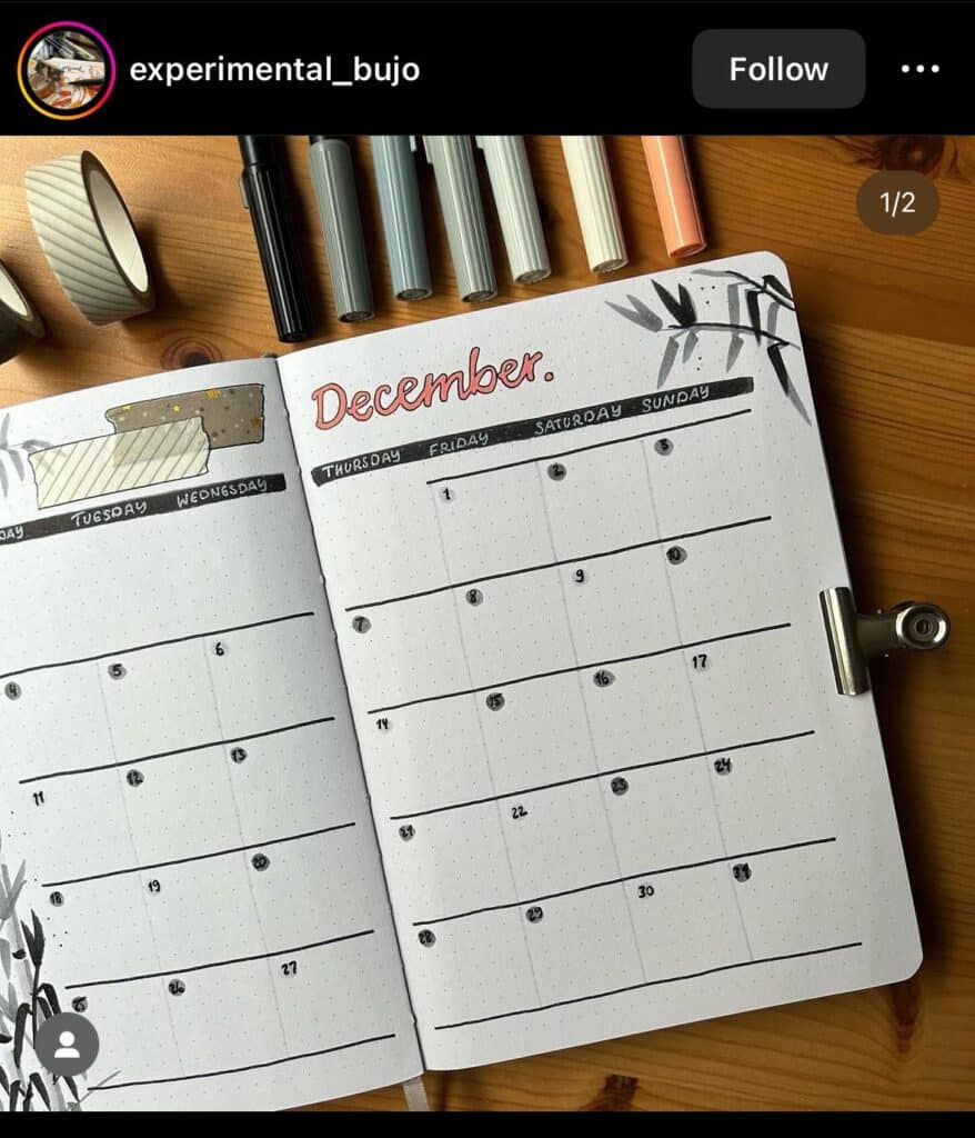 minimalist december bullet journal monthly spread
