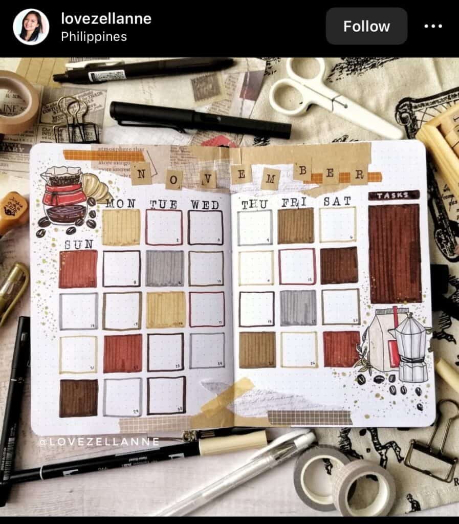 november bullet journal monthly spread