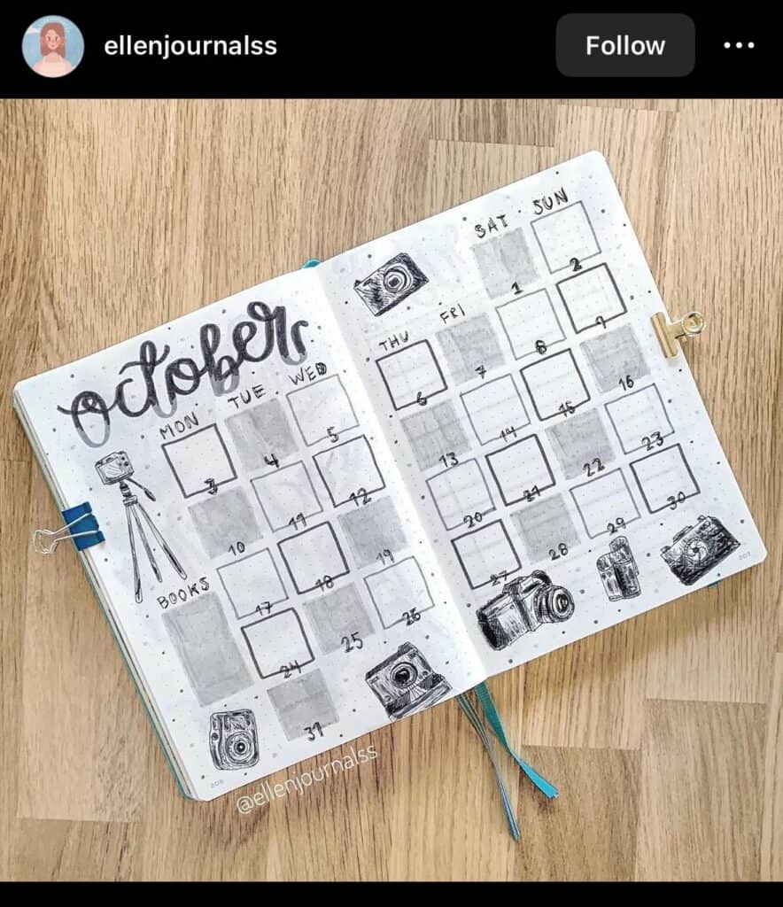 october bullet journal monthly spread