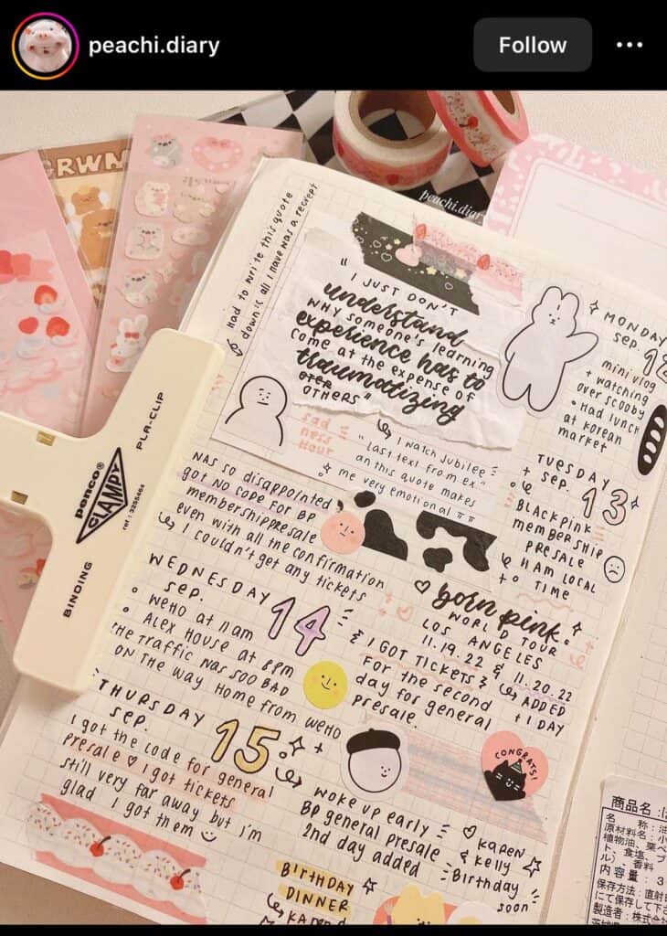 pink bullet journal spread with daily milestones