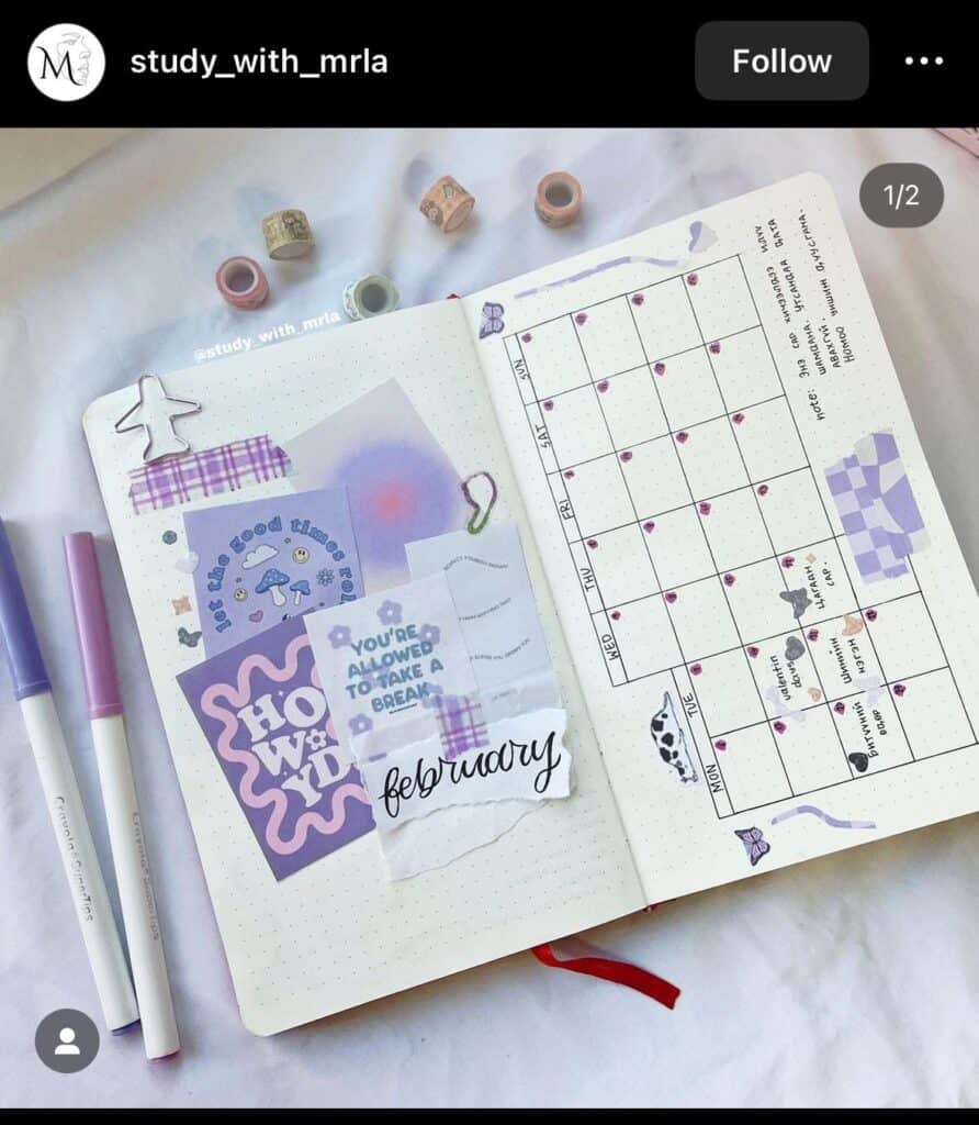 purple bullet journal monthly spread