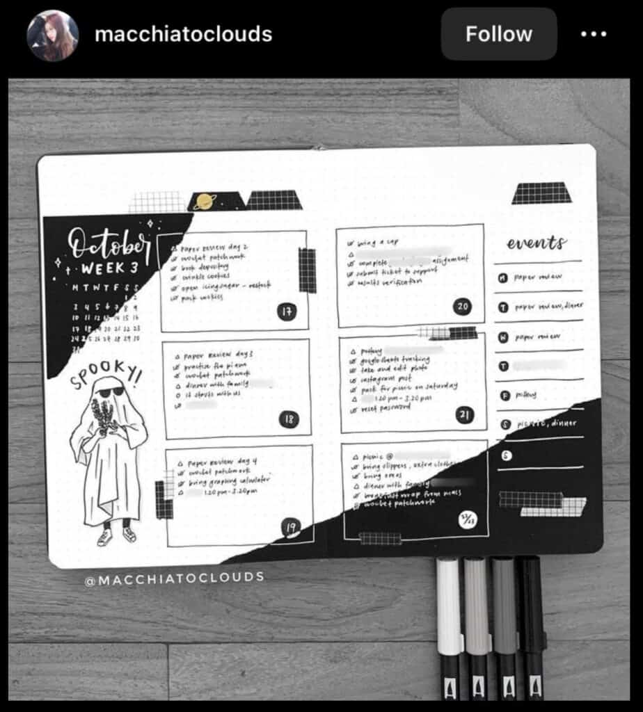 black and white bullet journal weekly spread
