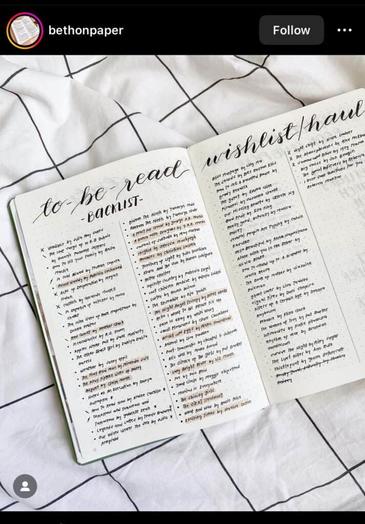 bullet journal minimalist book tracker page