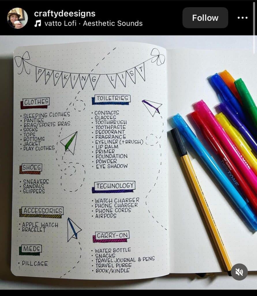 bullet journal minimalist packing list