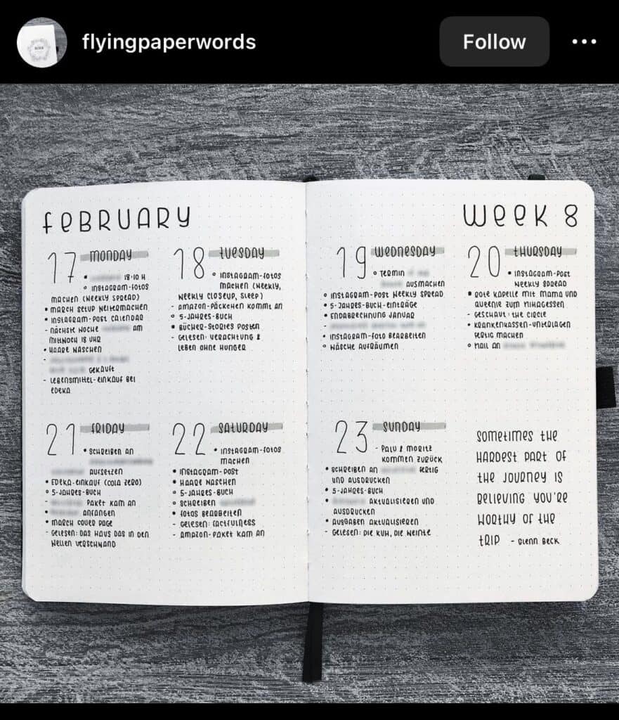 bullet journal minimalist weekly spread for Feb