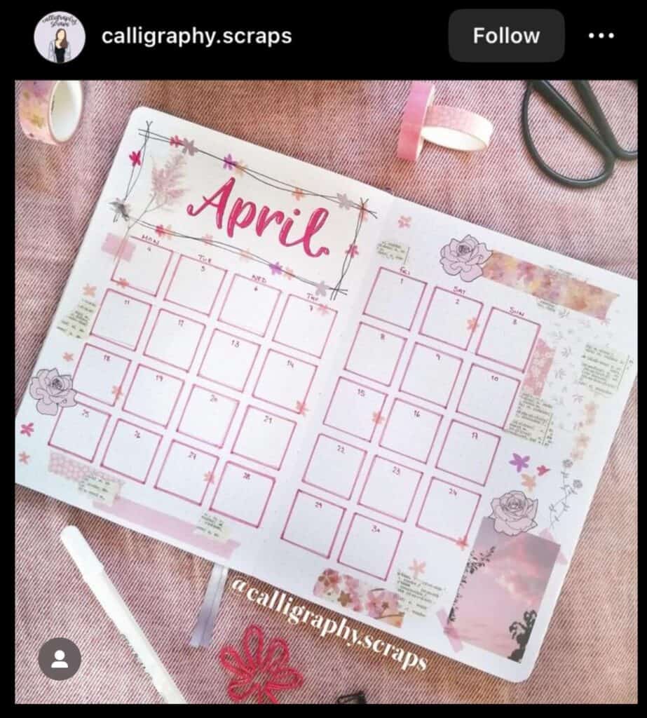 pink april bullet journal monthly spread