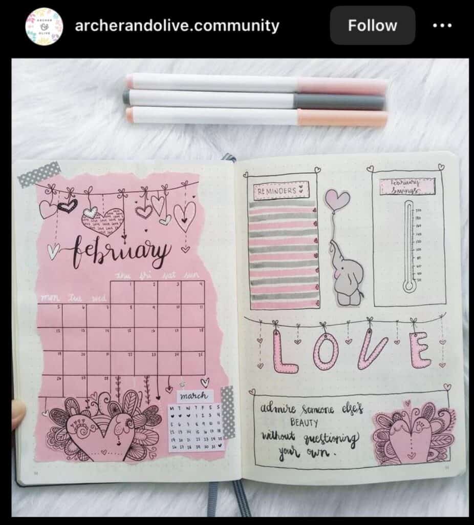 pink bullet journal February monthly page