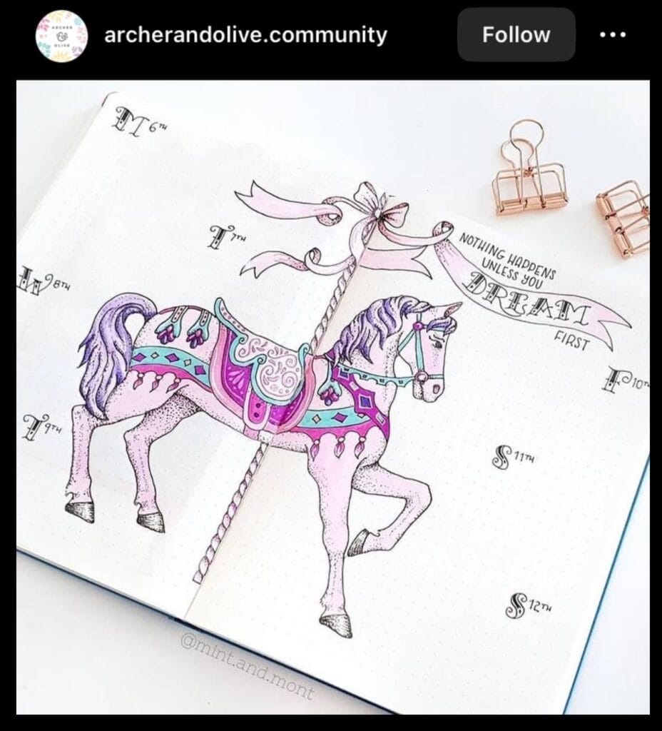 pink bullet journal weekly page with a horse drawing
