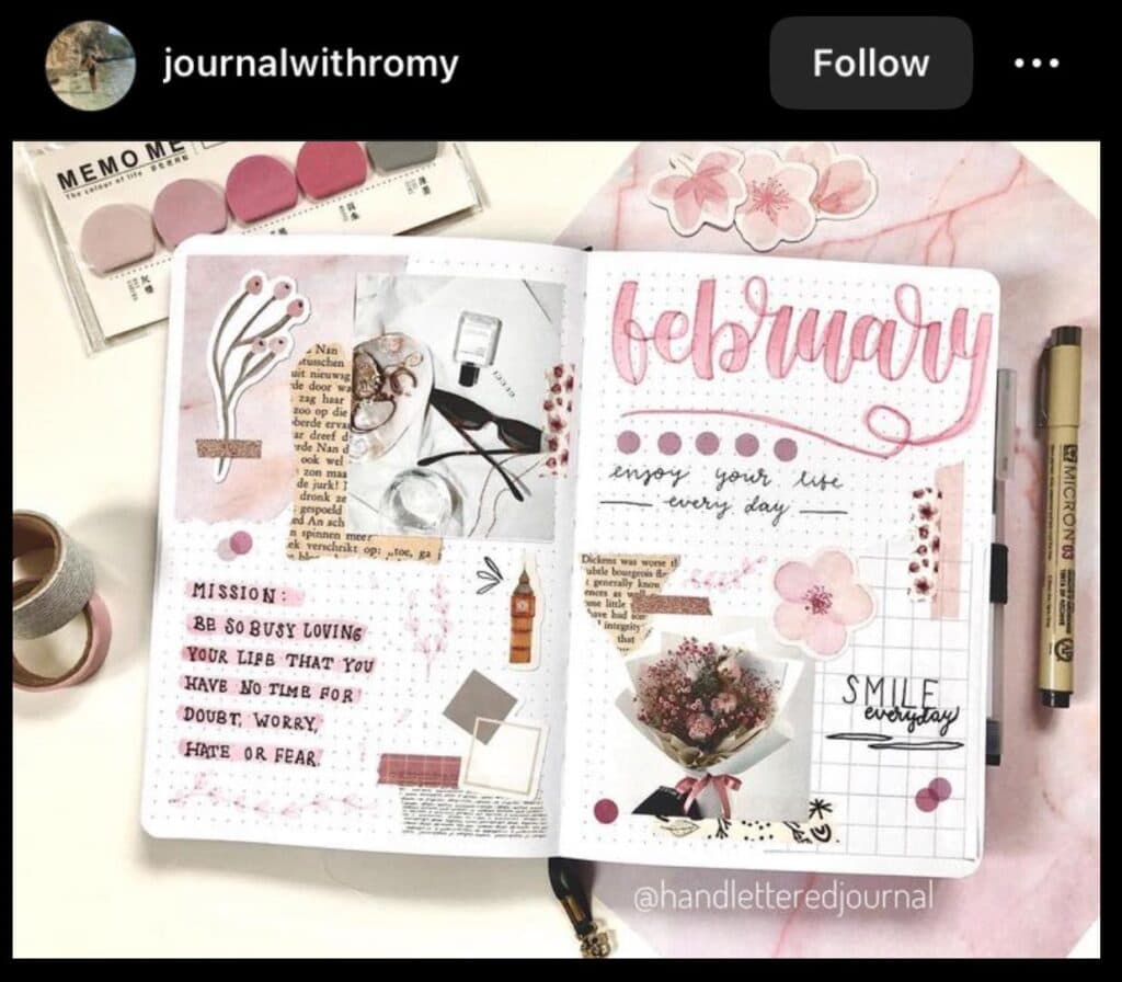 pink February bullet journal spread
