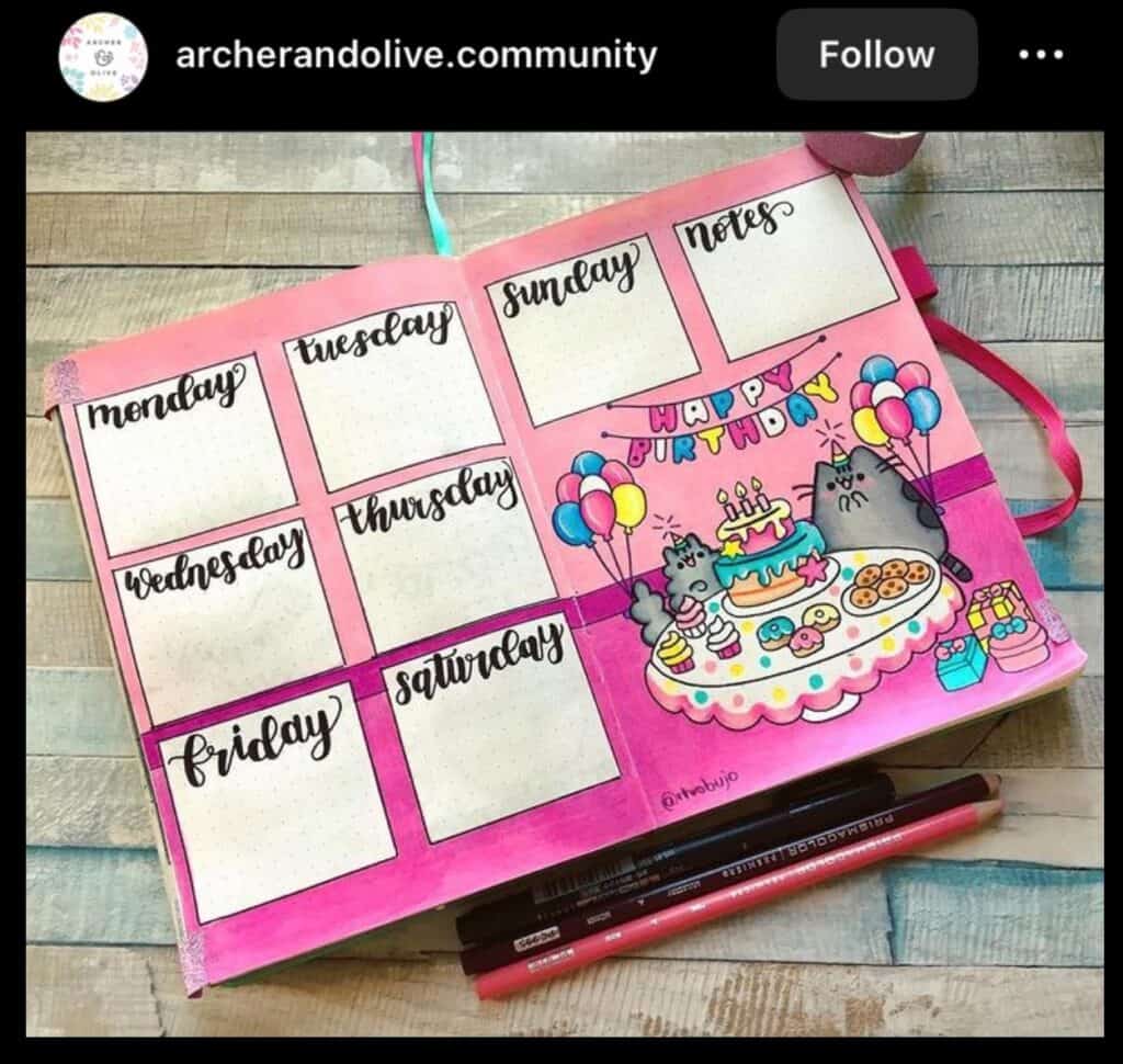 pink weekly bullet journal spread