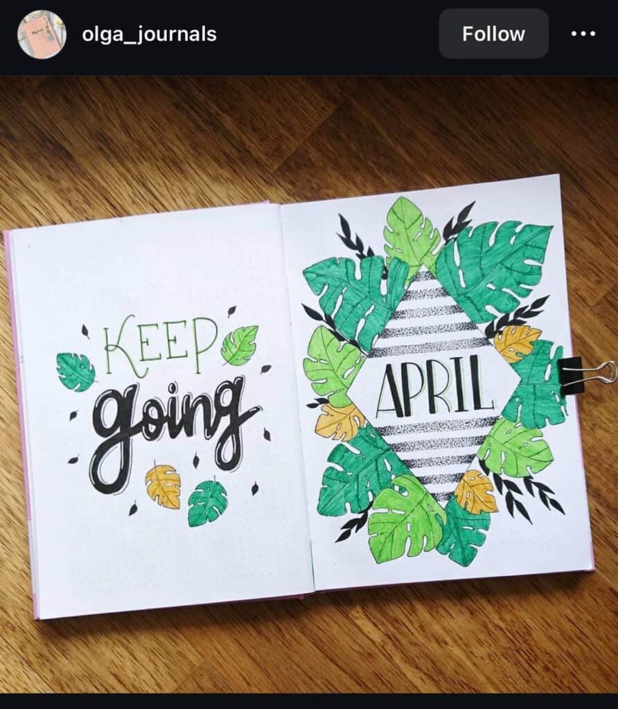 april bullet journal cover page with an inspiring quote
