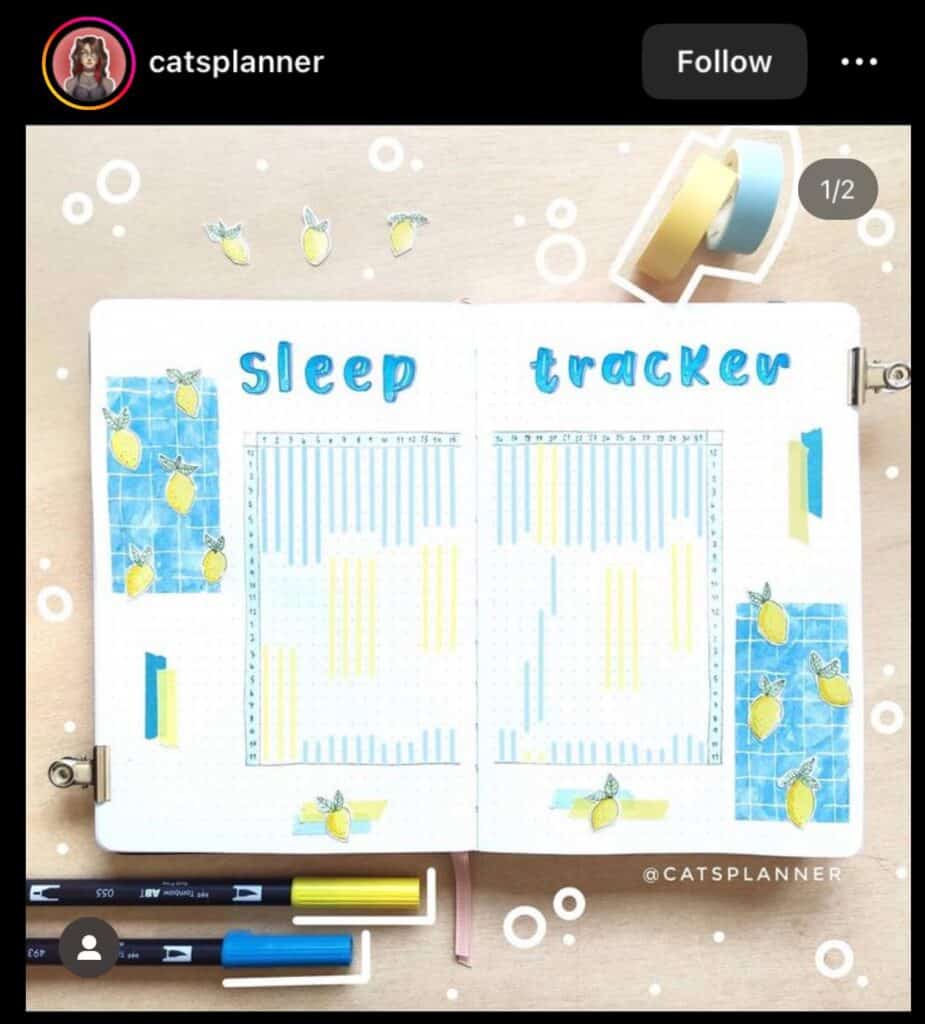 blue and yellow bullet journal sleep tracker