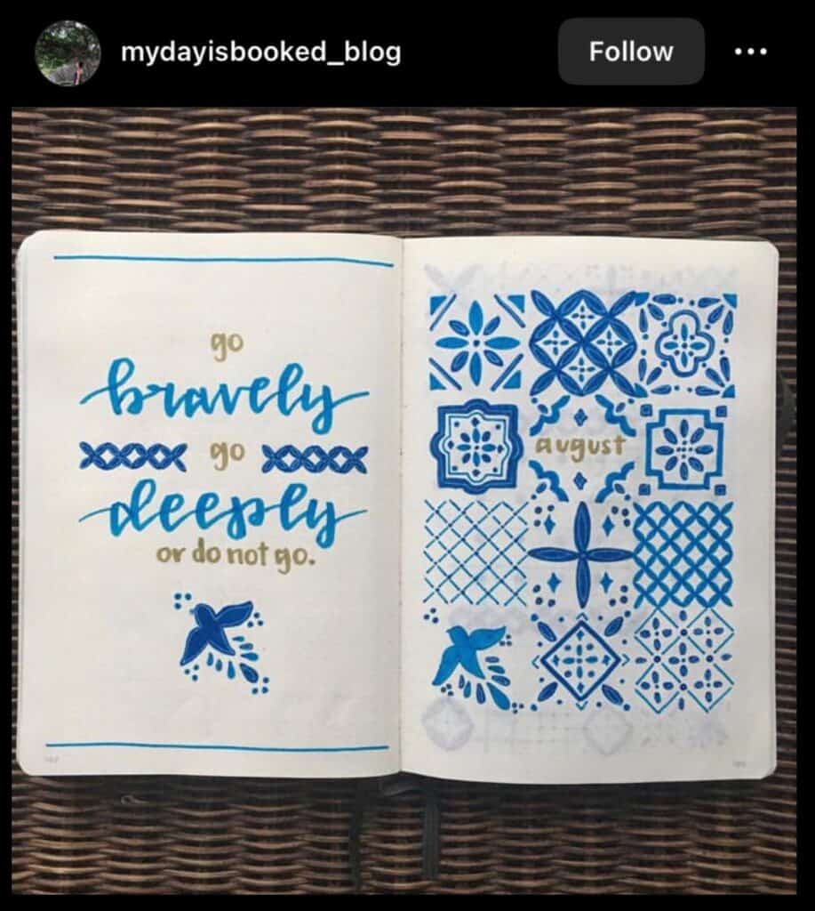 blue August bullet journal spread