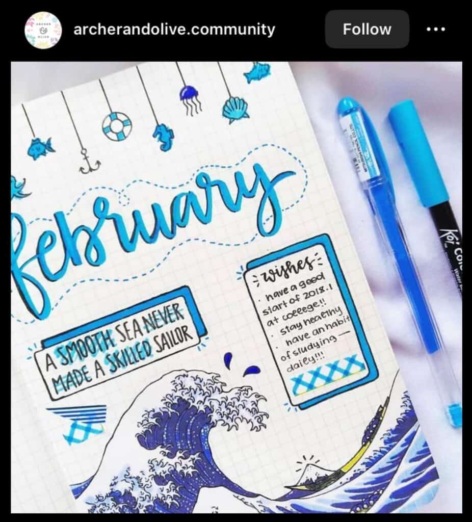 blue February bullet journal spread