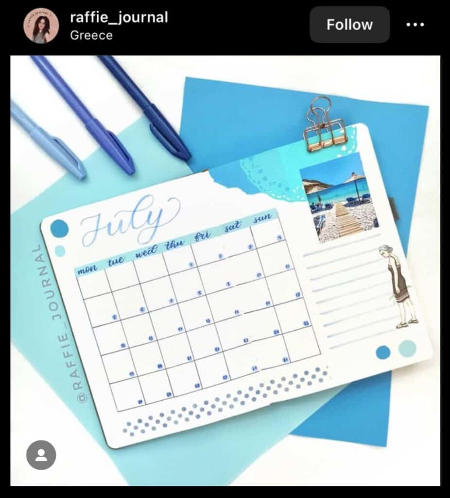 blue july bullet journal spread