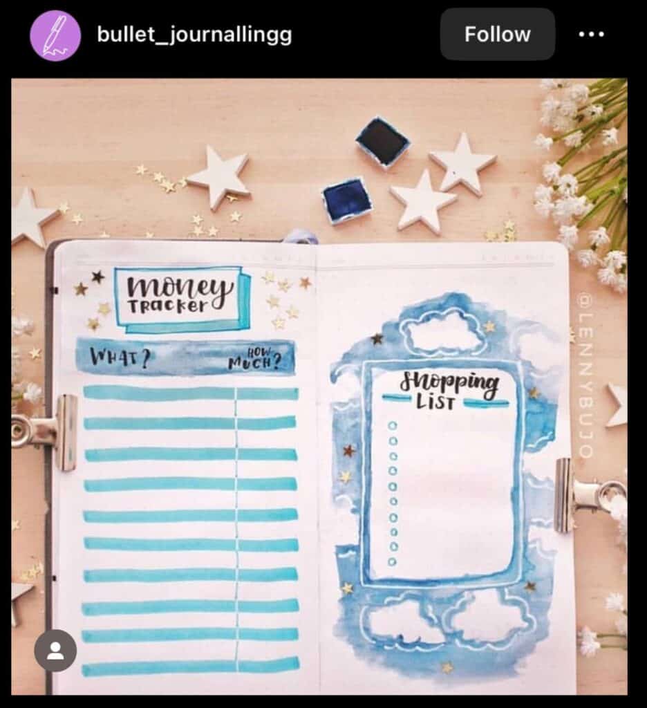 blue money tracker and shopping list bullet journal spread
