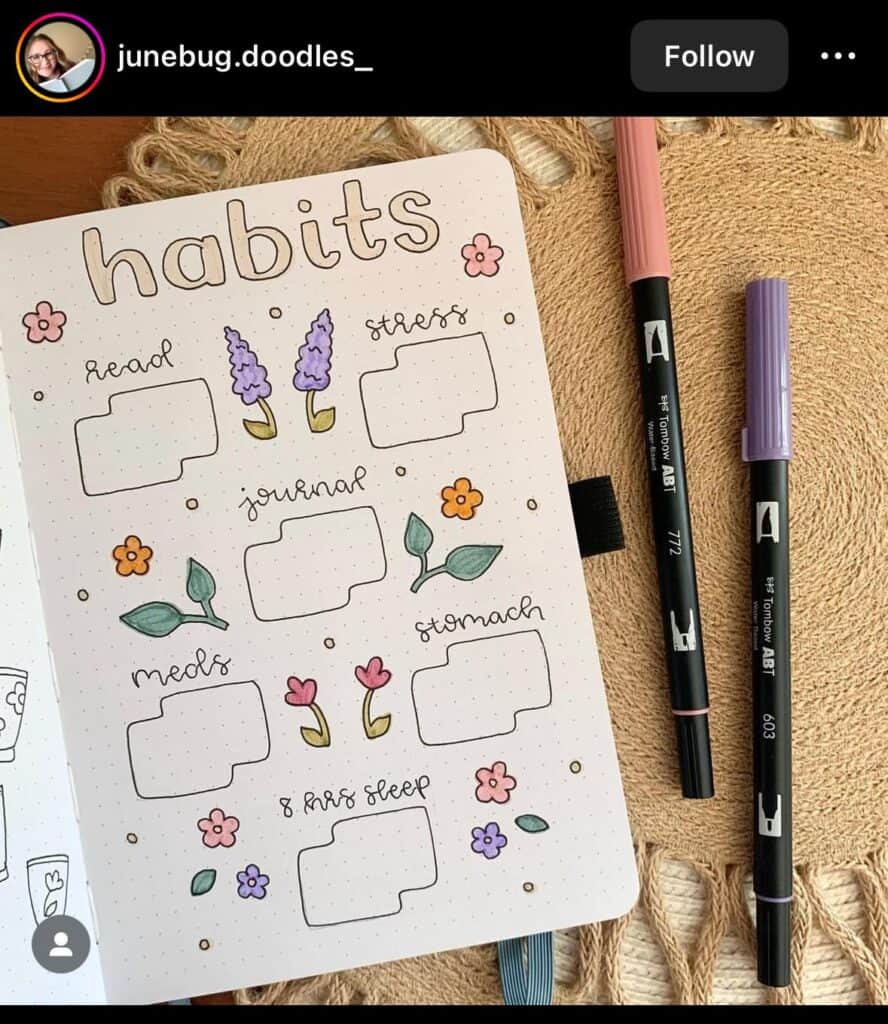 bullet journal habit tracker with flowers