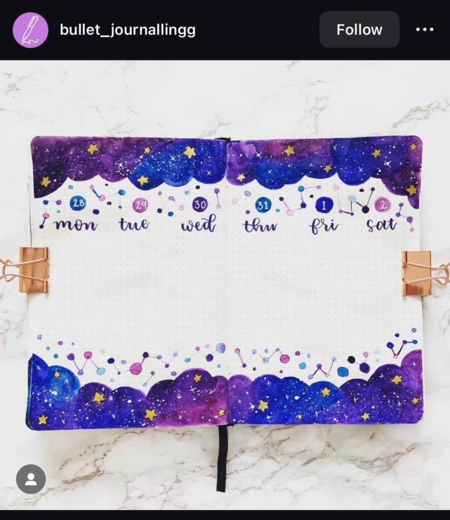 bullet journal spread with purple stars