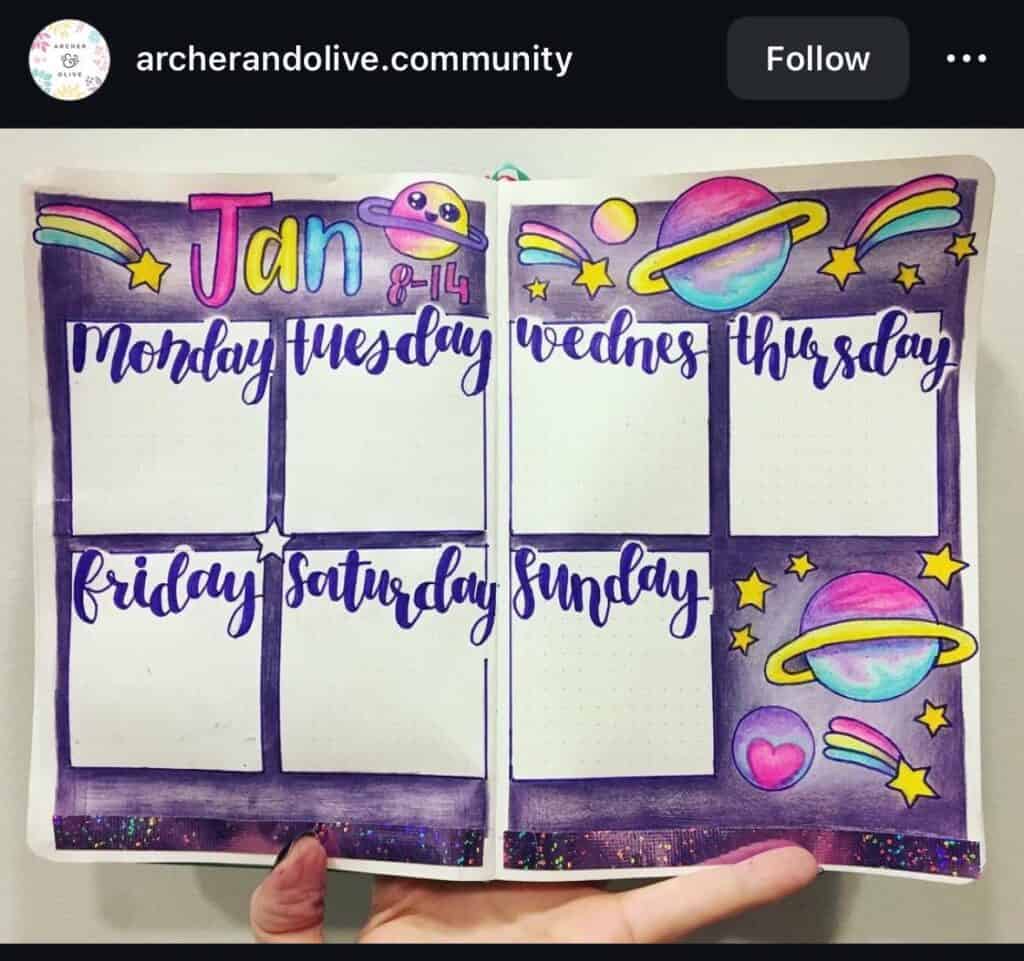 bullet journal weekly spread with purple solar system