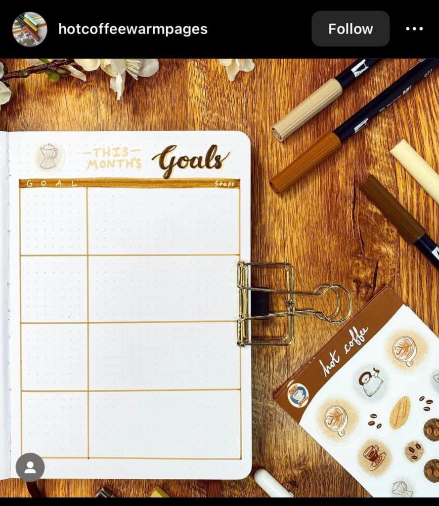 coffee theme bullet journal goal spread