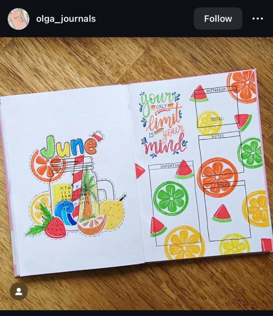 colorful and inspiring june bullet journal spread