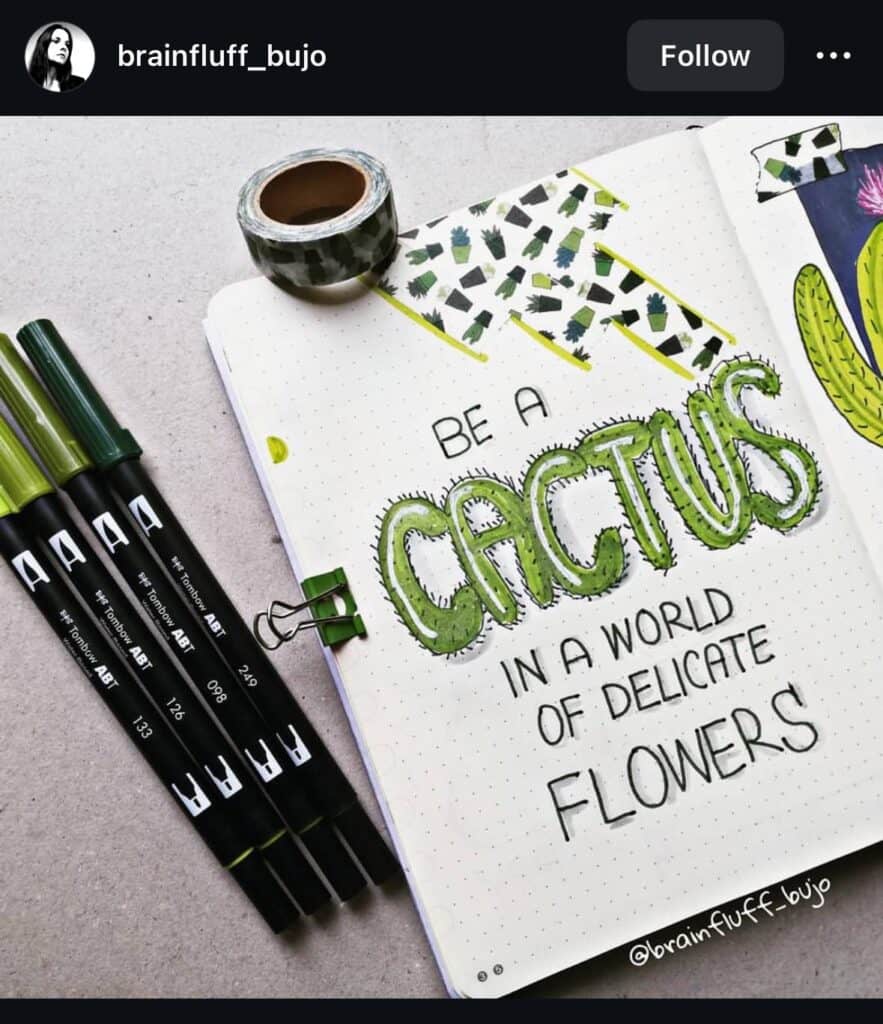 inspiring bullet journal cactus-themed quote page