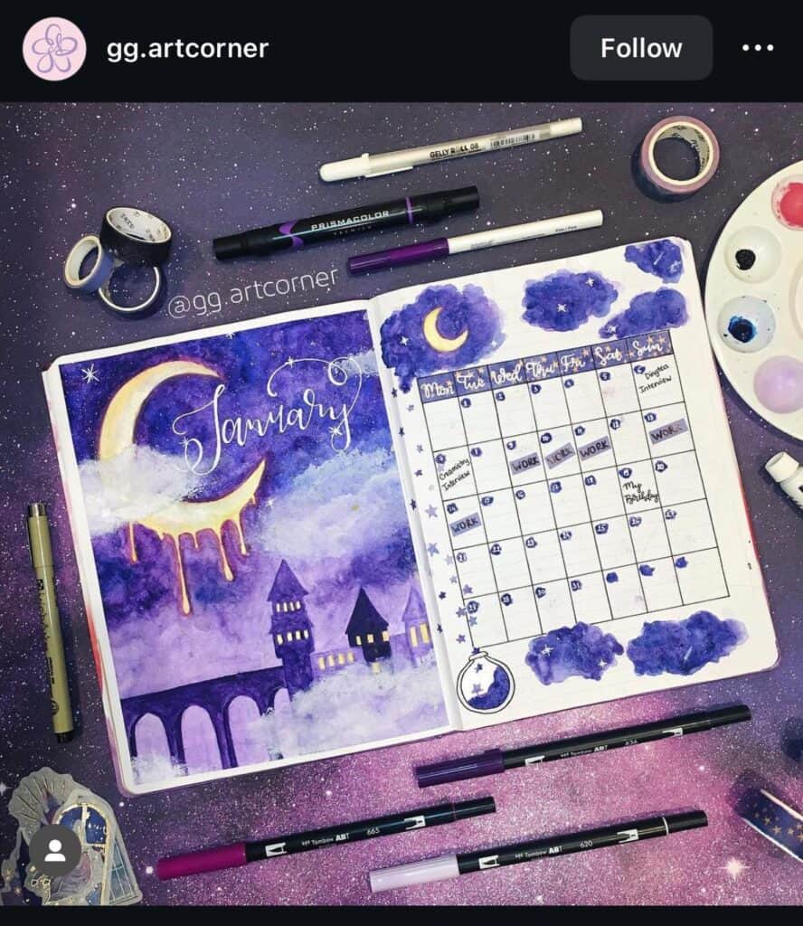 night sky inspired bullet journal purple page