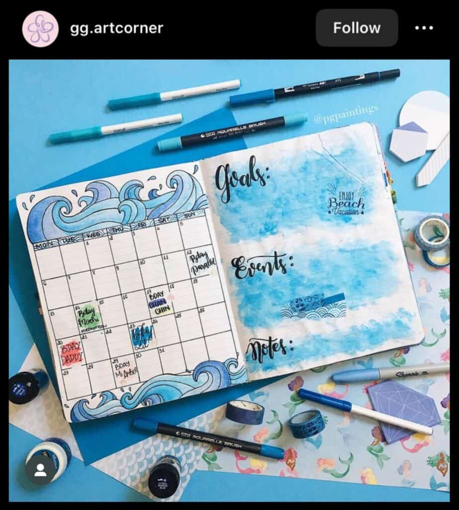 ocean-inspired monthly bullet journal spread