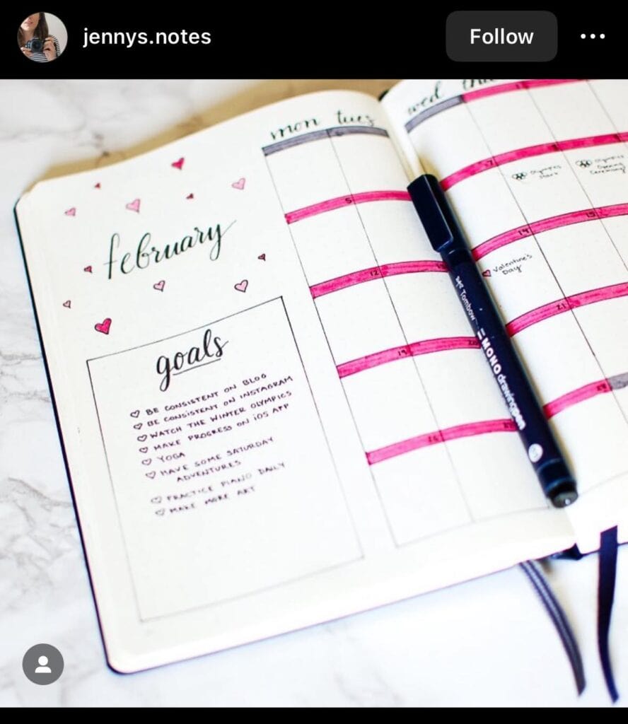 pink bullet journal goal page