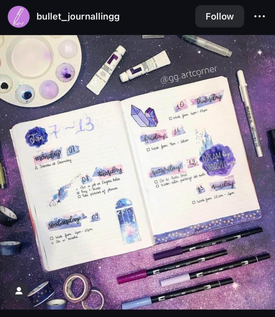 purple weekly bullet journal page