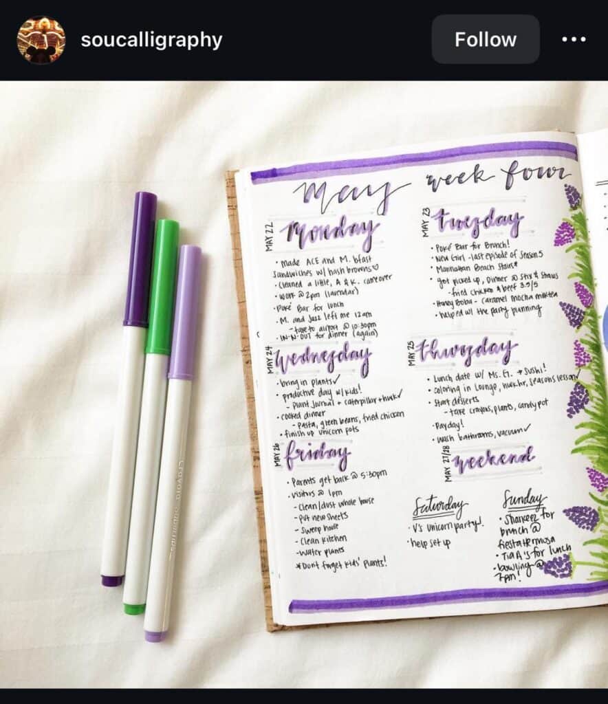 weekly purple bullet journal idea